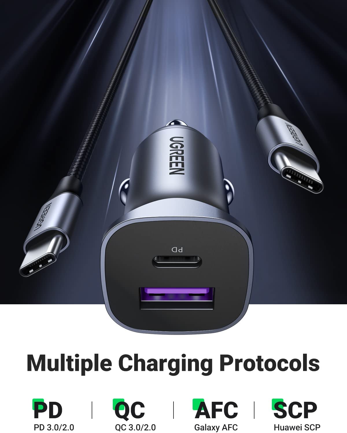UGREEN 2-Port 1A 1C 30W Pd Fast Car Charger