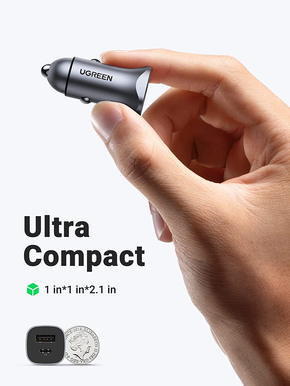 UGREEN 2-Port 1A 1C 30W Pd Fast Car Charger